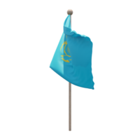 Kazakhstan 3d illustration flag on pole. Wood flagpole png