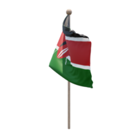 Kenia 3D-Darstellung Flagge auf der Stange. Fahnenmast aus Holz png