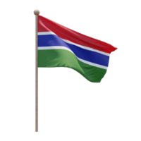 Gambia 3D-Darstellung Flagge auf der Stange. Fahnenmast aus Holz png