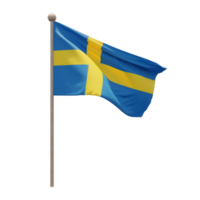 Sverige 3d illustration flagga på Pol. trä flaggstång png