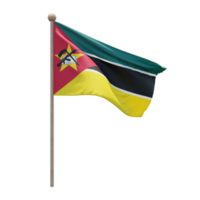 Mozambique 3d illustration flag on pole. Wood flagpole png