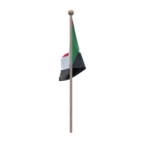 Sudan 3d illustration flag on pole. Wood flagpole png