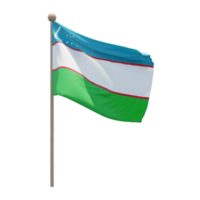 Uzbekistan 3d illustration flag on pole. Wood flagpole png
