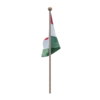 Ungarn 3D-Darstellung Flagge auf der Stange. Fahnenmast aus Holz png