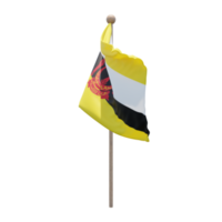 Brunei 3d illustration flag on pole. Wood flagpole png