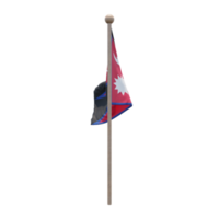 Nepal 3d illustration flag on pole. Wood flagpole png