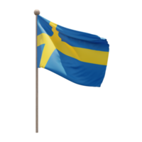 Sverige 3d illustration flagga på Pol. trä flaggstång png