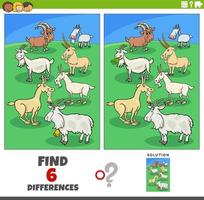 juego de diferencias con personajes de animales de granja de cabras de dibujos animados vector