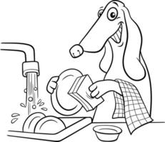 personaje de perro de dibujos animados lavando platos página para colorear vector