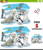 differences game with cartoon polar animal characters vector