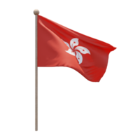 Hongkong 3D-Darstellung Flagge auf der Stange. Fahnenmast aus Holz png