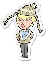 pegatina de una mujer de dibujos animados con sombrero de invierno vector