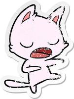 distressed sticker of a talking cat dancing vector