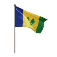 Saint Vincent and the Grenadines 3d illustration flag on pole. Wood flagpole png