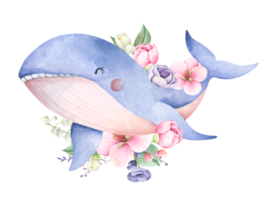 aquarel compositie met blauwe vinvis en bloemen. onderwater dierlijke kunst. png