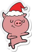 pegatina feliz caricatura de un cerdo bailando con gorro de Papá Noel vector