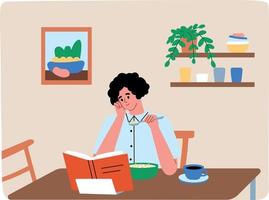 Young woman having breakfast at home and reading a book. Daily routine. Weekends. Meal. Flat vectoor cartoon illustration. vector