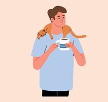 Man with a cat on his back, shoulders. Man drinking from the cup. Ginger cat. Pet cartoon flat vector illustration.