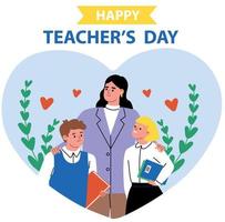 Happy teachers day vector illustration. Teacher hugging the children, pupils.  Postcard. Flat vector illustration.