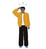 Confused man is scratching his head and thinking. Puzzled man. Contemplation. Flat vector illustration. Person.