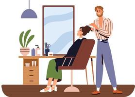 Male stylist making hairstyle for the client. Bob, bun hairdo. Woman in the beauty salon. Hairdresser and customer. Flat vector illustration.