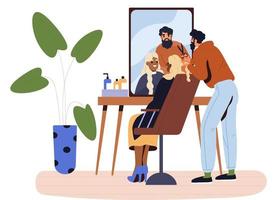 Male stylist cutting client hair. Haircut.  Woman in the beauty salon. Hairdresser and customer. Flat vector illustration.