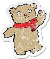 retro distressed sticker of a cartoon teddy bear wearing scarf vector