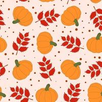Seamless pattern of autumn pumpkins and leaves. Ripe juicy pumpkins and falling leaves. vector