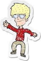 retro distressed sticker of a cartoon waving cool guy vector