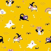 Vector Halloween seamless pattern with cute characters. Kid's hand drawn background with dogs in masquerade costumes and other characters like spider, cloud, rainbow, candy. Print for clothing, bags.