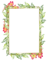 quadratischer rahmen der aquarellillustration mit grünen blättern und rotem freesieblumenstrauß, zweig mit knospen. für Grußkarten, Einladungen und andere Druckprojekte. handgemalte Blumenillustration. png