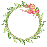grinalda com folhas verdes e flor de frésia vermelha em uma moldura redonda de ouro. ilustração floral em aquarela