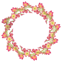 couronne avec feuilles vertes et fleur de freesia rouge dans un cadre rond doré. illustration florale aquarelle png