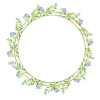 Watercolor illustration of wreath with green leaves in a gold round frame. Watercolor floral illustration. png