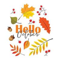 hello october autumn postcard banner lettering on fall theme with leaves of different colors with acorns and spikelets. vector stock flat illustration