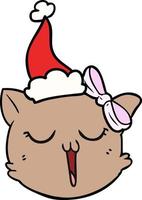 line drawing of a cat face wearing santa hat vector