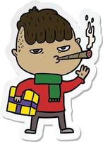 sticker of a cartoon man smoking carrying christmas gift vector