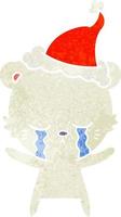 crying retro cartoon of a polarbear wearing santa hat vector