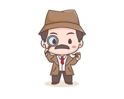 lindo personaje de mascota de dibujos animados de detectives. arte vectorial de ilustración chibi. concepto de icono de profesión aislado. estilo de dibujos animados de logotipo plano vector