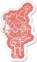 cartoon distressed sticker of a woman wearing glasses wearing santa hat vector