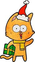 funny textured cartoon of a cat wearing santa hat vector