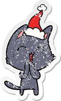 feliz pegatina angustiada caricatura de un gato con gorro de Papá Noel vector