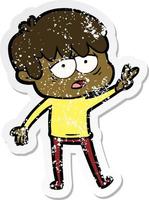 distressed sticker of a cartoon exhausted boy vector