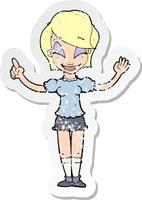 retro distressed sticker of a cartoon pretty girl with idea vector