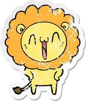 distressed sticker of a happy cartoon lion vector