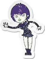 retro distressed sticker of a cartoon vampire girl welcoming vector