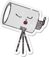 pegatina angustiada de un telescopio de dibujos animados con cara vector