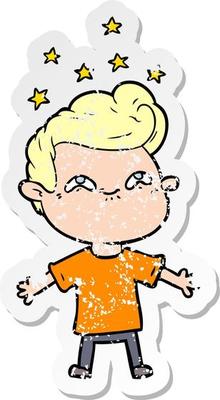 distressed sticker of a happy cartoon boy