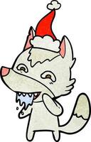 textured cartoon of a hungry wolf wearing santa hat vector