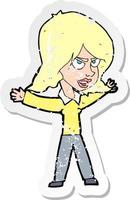 retro distressed sticker of a cartoon woman gesturing vector